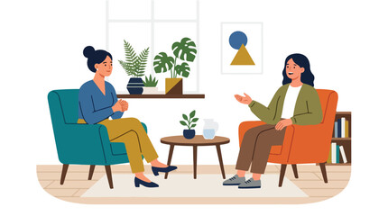 Fototapeta premium Mental health therapy session vector, professional psychologist counseling patient in office, women talking in cozy living room interior