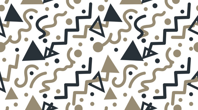 Seamless pattern with hand drawn triangles and wavy lines in dark charcoal and taupe hues.