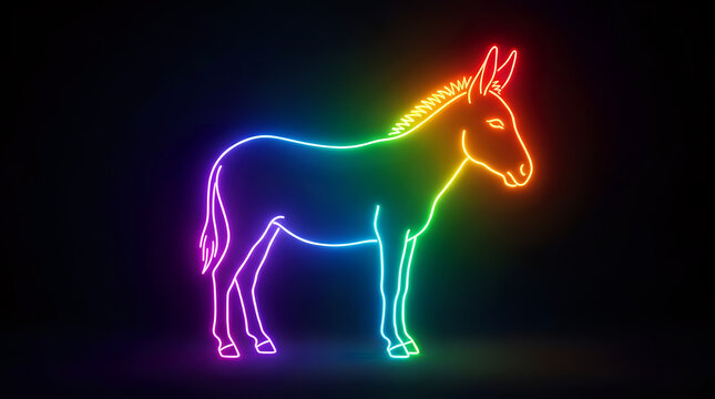 Bright rainbow neon donkey silhouette facing right on dark backdrop with silhouette