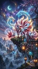 Fototapeta premium Nine-Tailed Kitsune Fox Clan Guarding Mystical Mountain Temple with Celestial Dragons Under Crescent Moon