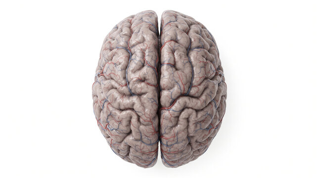 Top-down view of a realistic human brain, showing its two hemispheres and intricate surface on a clean white background.