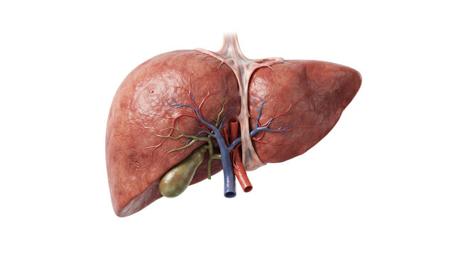 Anatomical illustration of the human liver with gallbladder and major blood vessels on a white background.