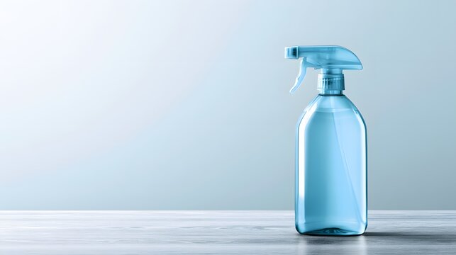 Minimalist blue spray bottle standing with generous copy space