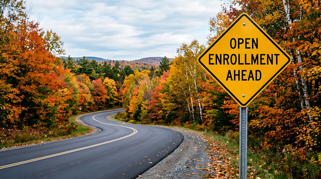 Open enrollment ahead road sign in autumn forest scenery