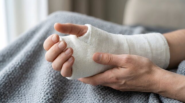Close-up of bandaged hand resting on a cozy blanket