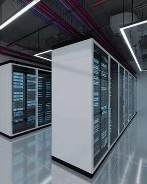 3d digital model Futuristic rows of network server cabinets in a clean tech facility. Vertical interior of a modern web hosting provider data center showcasing supercomputer computing power and cybers