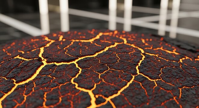 Molten lava cracks on a dark spherical surface with glowing magma texture