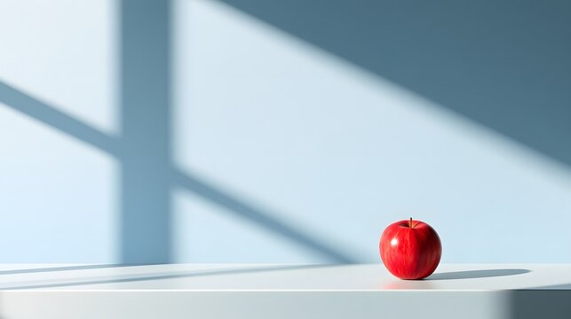 Detailed single red apple resting in sharp window light
