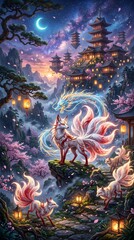 Fototapeta premium Mystical Nine-Tailed Fox Spirit Amidst Enchanted Japanese Pagodas and Blooming Cherry Blossoms Under a Crescent Moon