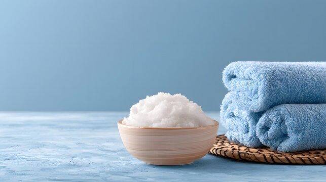 Modern folded blue towels and bowl of foam arranged for a relaxing spa