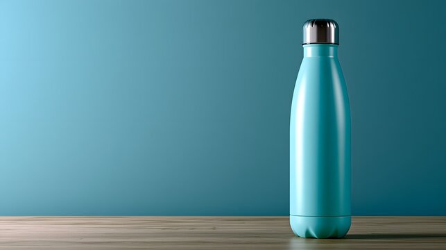 Modern turquoise reusable bottle standing on a natural wooden shelf