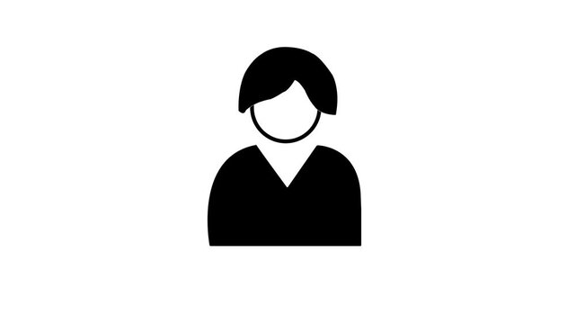 Minimalist black solid female user avatar icon animation showing woman profile character drawing on isolated white background
