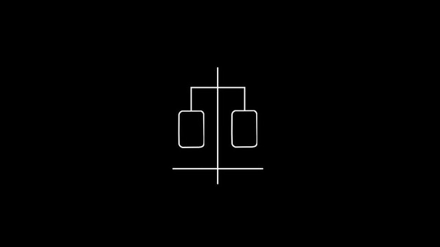 White outline law scale of justice icon animation showing legal balance symbol drawing on dark black background for court concept