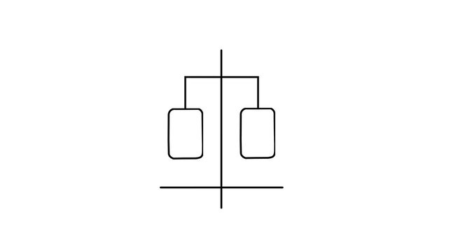 Black outline line style balance scale icon animation showing law and justice legal court symbol drawing on white background