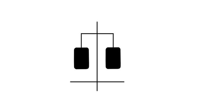 Minimalist black solid law scale of justice icon animation showing legal balance weight drawing on isolated white background