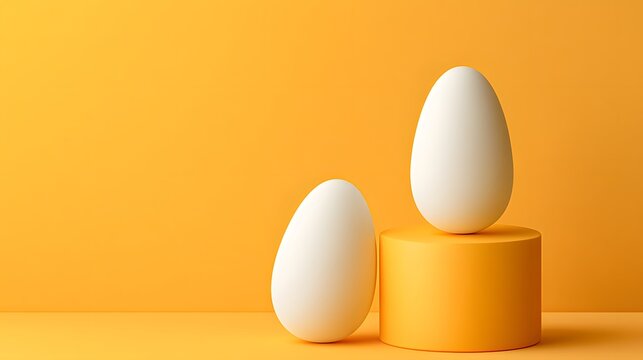 Modern white eggs on an orange podium in a bright yellow studio