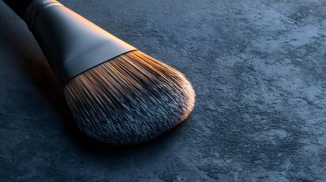 Modern dense makeup brush resting on a dark blue surface