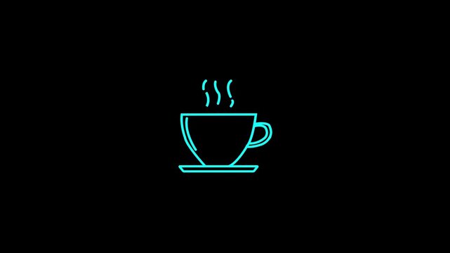 Glowing cyan neon line art coffee cup animation with hot steam vapor rising on isolated dark black background for cafe or cafeteria menu promo