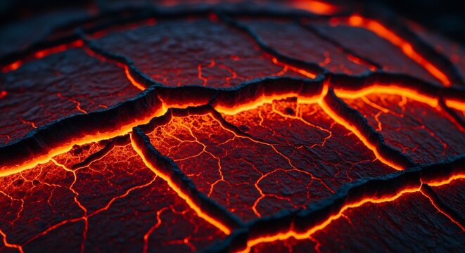 Molten magma flowing through cracked dark volcanic rock surface
