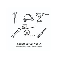 Naklejka premium Minimalist outline construction tool icons featuring hammer drill saw wrench helmet measuring tape 