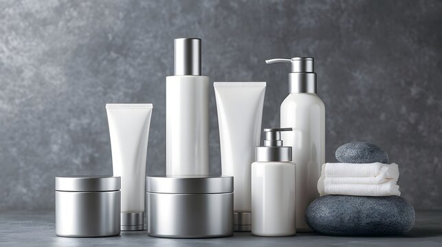 White cosmetic bottle collection arranged beside folded towels