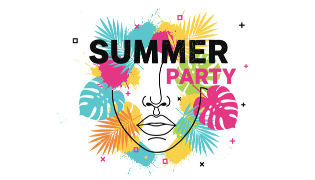 Vibrant summer party poster features a minimalist line-art female face decorated with colorful tropical leaves and paint splashes.