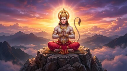 Fototapeta premium Divine Hanuman Meditating on Mountain Peak at Sunrise