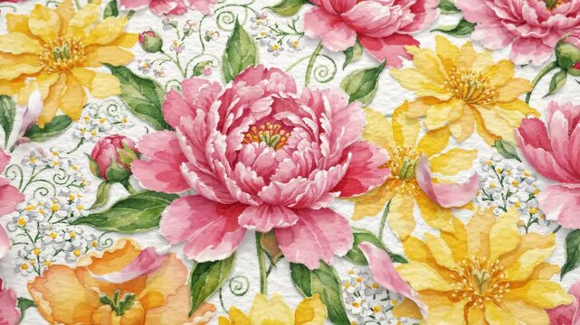 Whimsical watercolor floral pattern with pink and yellow flowers blooming across a soft white background in a graceful garden illustration