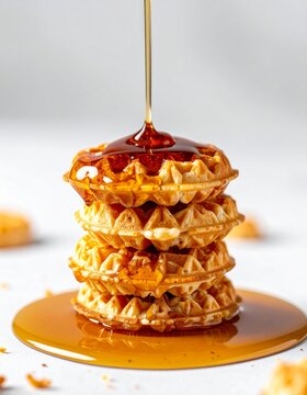 Stack of golden crispy waffles drizzled with delicious maple syrup on a white background for breakfast