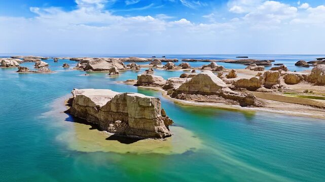 Aerial drone shot of water yardang landforms surrounded by turquoise water in the Qaidam Basin, Qinghai, China
