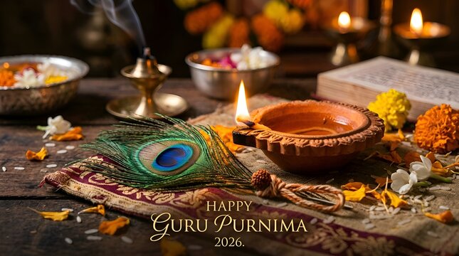 Guru Purnima Celebration: Peacock Feather, Oil Lamp, Flowers, Incense