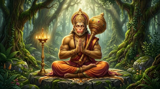 Hanuman deity meditating in a mystical forest setting with serene ambiance