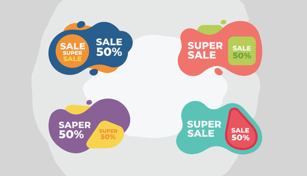 Set of four colorful abstract liquid sale badges featuring fifty percent off discount text on a grey background.