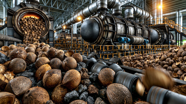 AI generator images of Industrial coconut shell charcoal production plant, coconut shells entering high-temperature carbonization furnaces, heavy-duty industrial equipment, clean modern biomass proces