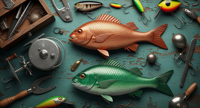 Copper and green fish with fishing lures and gear on a distressed teal wooden surface, symbolizing outdoor adventure and hobby.