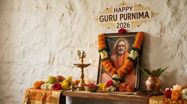 Guru Purnima Celebration: Portrait, Offerings, Incense, Festive Decor