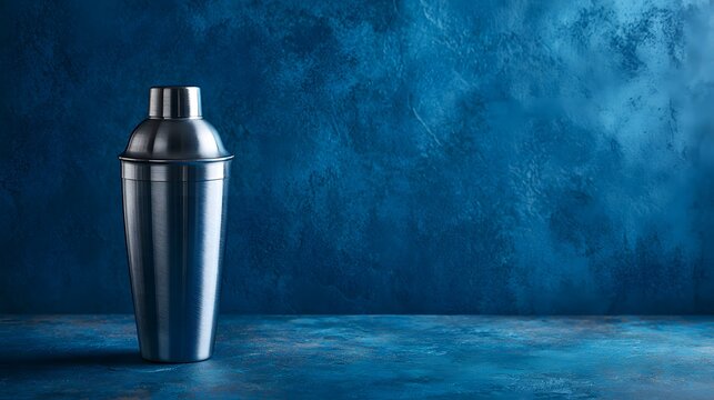 Minimalist metal cocktail shaker standing against a textured blue wall