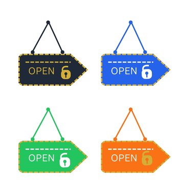 Open Hanging Shop Sign Icon Collection Colorful Business Store Banner