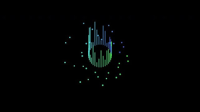 Dynamic digital equalizer visualization with vibrant blue and green lines moving on a dark background representing data flow and sound waves a modern abstract technology