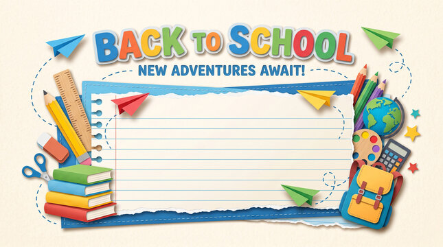 back to school paper cut background with supplies and lined paper copy space