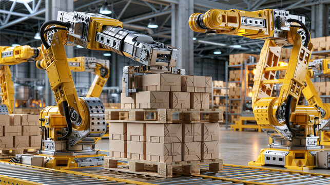 AI generator images of Industrial robotic palletizing system stacking blank cardboard coffee cartons onto wooden pallets, automated warehouse inside modern coffee factory, robotic arms in action