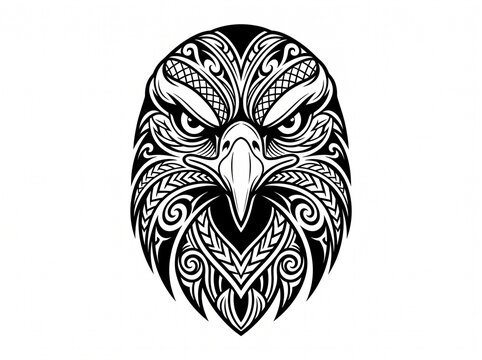 Tribal eagle head illustration, black and white hawk mascot logo, ornate polynesian style bird of prey vector, majestic eagle face tattoo design