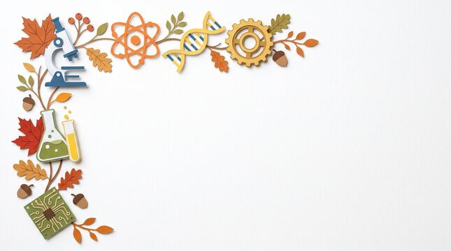 Autumn STEM L Corner Border with Microscope, DNA and Engineering Paper Cut Illustration on White Background