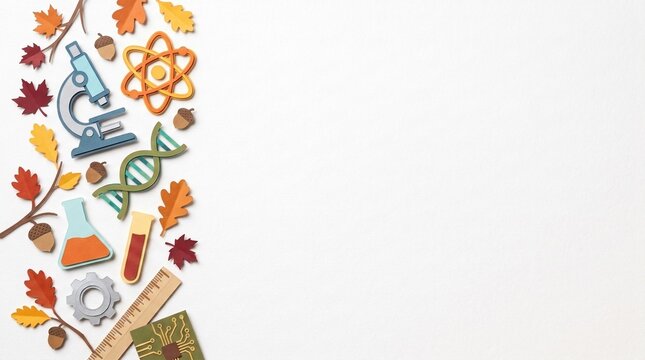 Autumn STEM Left Edge Border with Microscope, DNA and Science Paper Cut Illustration on White Background