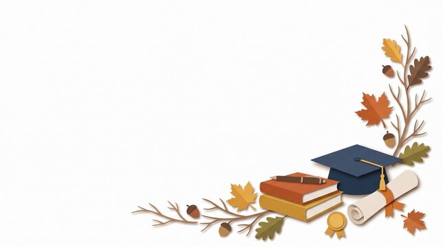 Autumn Graduation Corner Border with Diploma, Graduation Cap and Books Paper Cut Illustration on White Background