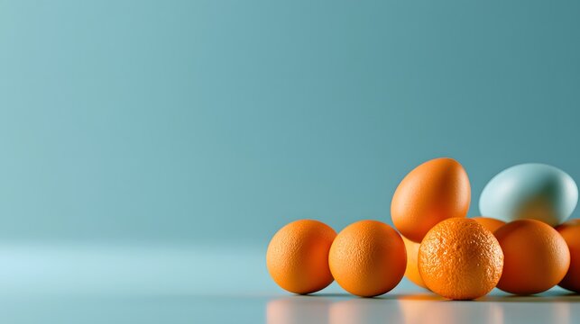 Detailed small oranges clustered along a turquoise surface