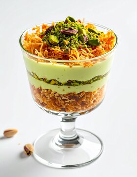 Gourmet Pistachio Kunafa Dessert Parfait Served in an Elegant Glass Cup with Crunchy Shredded Pastry and Creamy Layers