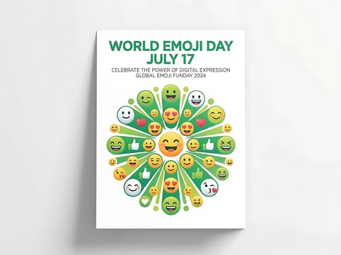 Colorful world emoji day poster with smiling emoticons and celebration text for digital expression event