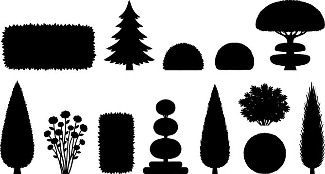 Collection of black silhouette trees bushes hedges and ornamental topiary vector illustration for landscape architecture design
