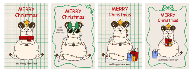Obraz premium Merry Christmas and Happy New Year greeting Posters vector Set. Whimsical 2027 Chinese New Year zodiac animal ram and trendy Coquette frame. XMAS art on checkered copybook sheets background